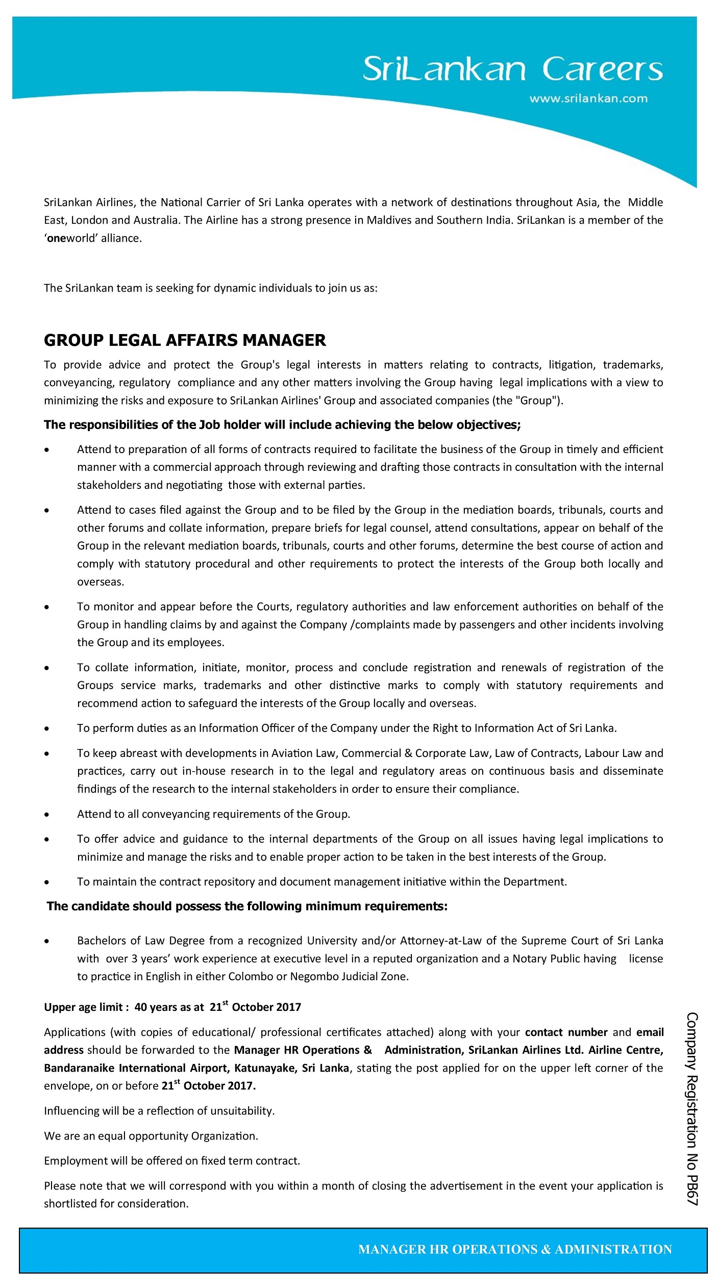 Group Legal Affairs Manager - SriLankan Airlines